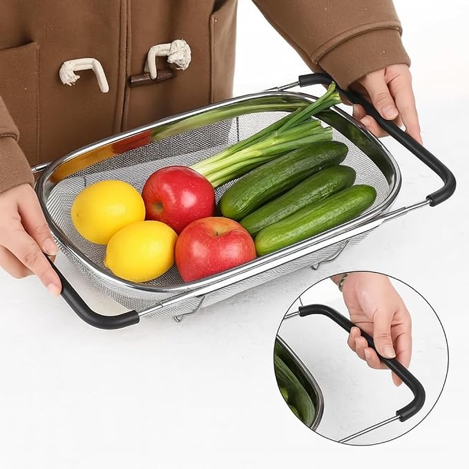 Premium Quality Over The Sink Stainless Steel Oval Colander with Fine Mesh 6 Quart Strainer Basket & Expandable Rubber Grip Handles - Strain, Drain, Rinse Fruits, Vegetables1 (1) - Image 5