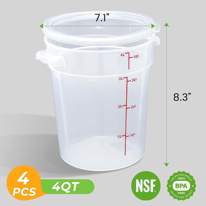 BIEAMA 4 Pack 4 Qt Round Food Storage Containers with Lids, Translucent PP | Include lids, labels, measuring cups and containers with capacity markings for food prep, pantry storage and dough proofing. - Image 2