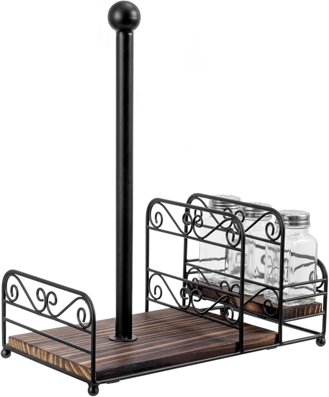 MyGift Matte Black Metal Wire Scrollwork Paper Towel Roll Holder Combo Caddy with Rustic Burnt Solid Wood Base, Napkin Holder, and Spice Rack - Image 6