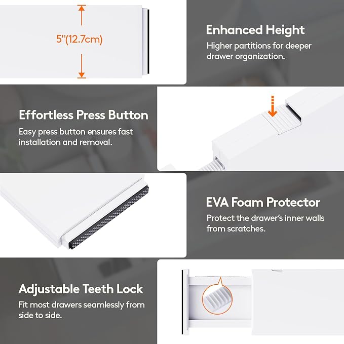 Lifewit 5" Tall Upgrade Drawer Dividers, Adjustable Deep Drawer Organizer | 13.5"-22" Expandable White Drawer Separator for Clothes, Dresser/Kitchen/Closet/Bedroom/Office Organization & Storage, 8 Pack - Image 6