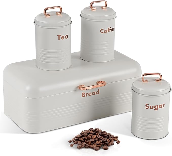 Plexon White Bread Box for Kitchen Countertop with Tea Coffee Sugar Containers Set – Metal Bread Storage Bin with Lid, Kitchen Canister Set of 4, Counter Organizer for Bread, Coffee Bar Pantry by Plexon
