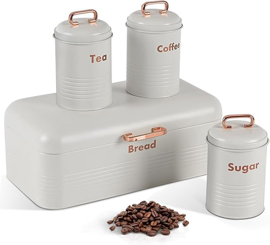 Plexon White Bread Box for Kitchen Countertop with Tea Coffee Sugar Containers Set – Metal Bread Storage Bin with Lid, Kitchen Canister Set of 4, Counter Organizer for Bread, Coffee Bar Pantry by Plexon
