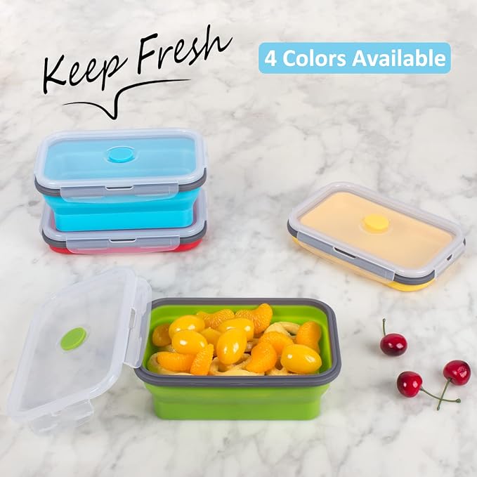 Collapsible Food Storage Containers with Airtight Lid, 27 oz, Kitchen Stacking Silicone Collapsible Meal Prep Container Set for Leftover, Microwave Freezer Dishwasher Safe, 4 Colors, Set of 4 - Image 2