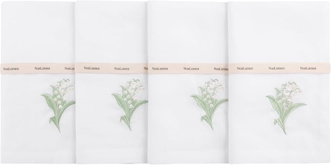 White Linen Napkins Set of 4-100% Pure Linen Embroidered Dinner Napkins 19 x 19 Inch for Spring, Summer Memorial Day - Botanical Embroidery (Lily Garden Collection) by Noalumea