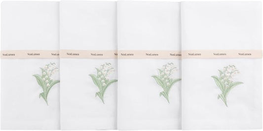 White Linen Napkins Set of 4-100% Pure Linen Embroidered Dinner Napkins 19 x 19 Inch for Spring, Summer Memorial Day - Botanical Embroidery (Lily Garden Collection) by Noalumea