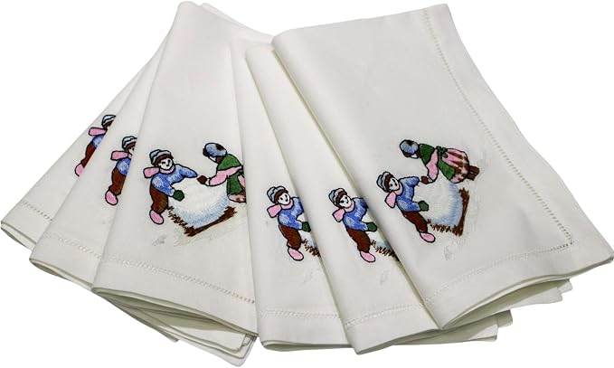 Embroidered Children Play with Snow Design Cloth Napkins Set of 6, 17"x17" Hemstitch Table Napkins Dinner Napkin Machine Washable for Dining Room, Daily & Holidays, Events, Great Present Ideas by Unknown