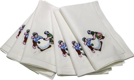 Embroidered Children Play with Snow Design Cloth Napkins Set of 6, 17"x17" Hemstitch Table Napkins Dinner Napkin Machine Washable for Dining Room, Daily & Holidays, Events, Great Present Ideas by Unknown