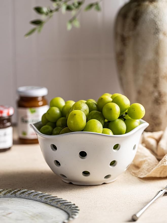 Gomakren Fruit Basket Set of 2, Ceramic Fruit Bowl Berry Basket with Holes, 7.6 Inch Fruit Containers Colander for Fridge - Farmhouse Kitchen Decor, Cream White - Image 8