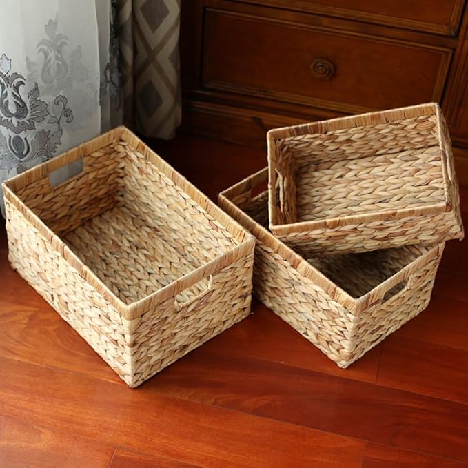 Woven Natural Water hyacinth Rectangular Storage Baskets with inside Handle,Kingwillow(Large) - Image 4