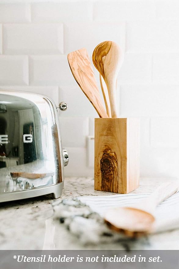 Tramanto Olive Wood Utensil Set - 5 Piece Spatula and Spoon Wooden Cooking Tools, 12 Inch Long, Rustic Hand Made with Gift Box - Image 9
