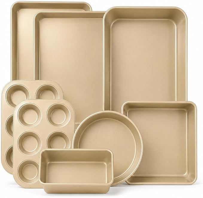 Nonstick Bakeware Set 8 Piece - Stackable Baking Pan Set, Oven safe 450°F, Carbon Steel Baking Set with Muffin, Loaf, Cookie Sheets & Roaster, Easy Storage, BPA-Free (Beige) by Unknown