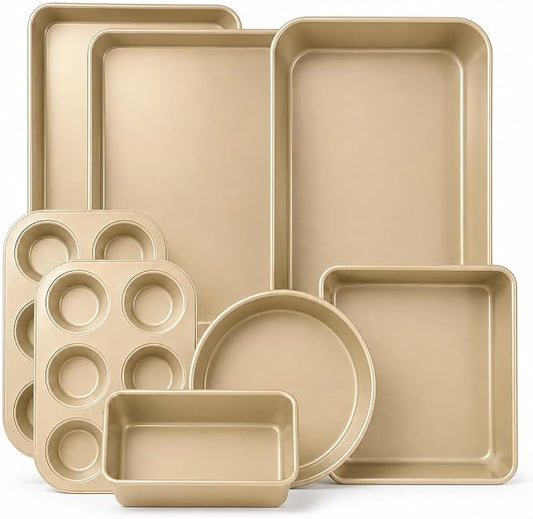 Nonstick Bakeware Set 8 Piece - Stackable Baking Pan Set, Oven safe 450°F, Carbon Steel Baking Set with Muffin, Loaf, Cookie Sheets & Roaster, Easy Storage, BPA-Free (Beige) by Unknown