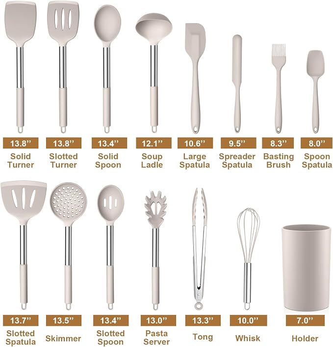 LIANYU 15 Pcs Cooking Utensils Set, Silicone Kitchen Tools with Holder | Heat Resistant, Kitchen Gadgets with Stainless Steel Handle, Brush Spatula Spoon Whisk for Cookware, Dishwasher Safe, Khaki - Image 2