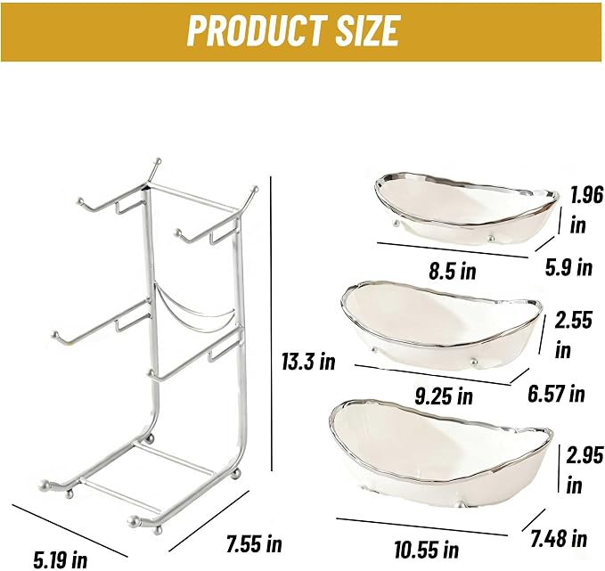 3 Tier Fruit Bowls For Kitchen Counter, Ceramic Fruit Basket Stand | Metal Fruit Serving Tray, Large Capacity, Snacks Nuts Cake Storage Holder for Party, Silver 1 - Image 3