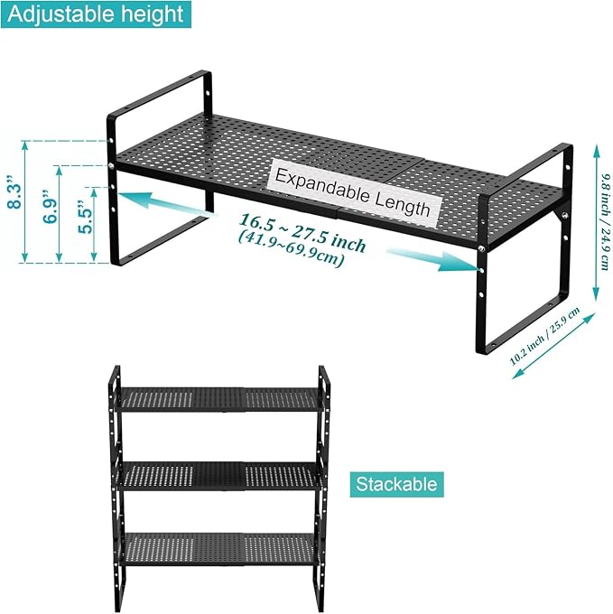 Large Expandable Cabinet Storage Shelf Organizer Rack, Heavy Duty Stackable Steel Metal Spice Rack Adjustable Height Office Pantry Garage Shelves for Counter Kitchen, Black - 1 Pack - Image 3