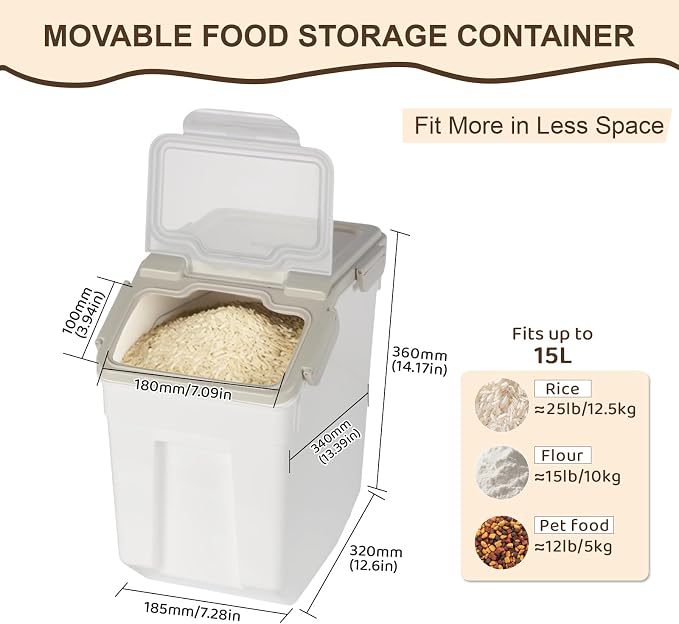 Saim 2 Pack 25lb Flour & Rice Storage Container Bin,Rice Dispenser (Grey) | BPA free plastic with seal lid, rolling wheels and measuring scoop for rice, flour, cereal and grain one-hand scooping - Image 2
