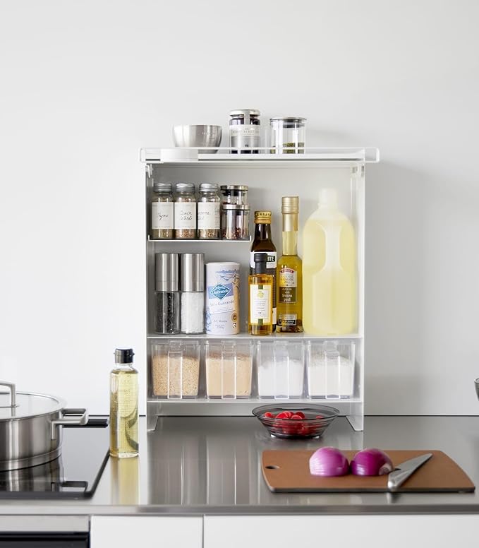 YAMAZAKI Home Spice Rack, Large Multi-Tier with Door Metal Shelves, White | Large kitchen seasoning and condiments spice rack features a concealable design with a door. A smart fit for modern homes. - Image 7