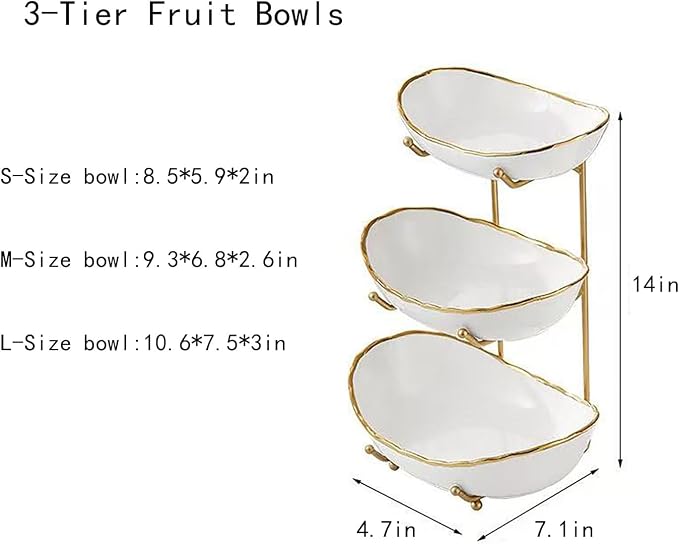 3-Tier Fruit Bowls for Kitchen Counter,Ceramic White Bowl with Gold Metal Stand,3 Tier Fruit Basket for Fruit,Snack,Cake,Nuts,Dessert Storage - Image 2
