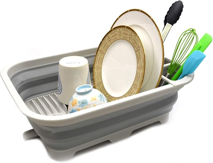 SAMMART 12L (3.17 Gallon) Collapsible Dish Drainer with Swivel spout - Foldable Drying Rack Set - Portable Dinnerware Organizer - Space Saving Kitchen Storage Tray (Grey) by SAMMART