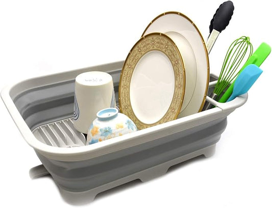 SAMMART 12L (3.17 Gallon) Collapsible Dish Drainer with Swivel spout - Foldable Drying Rack Set - Portable Dinnerware Organizer - Space Saving Kitchen Storage Tray (Grey) by SAMMART