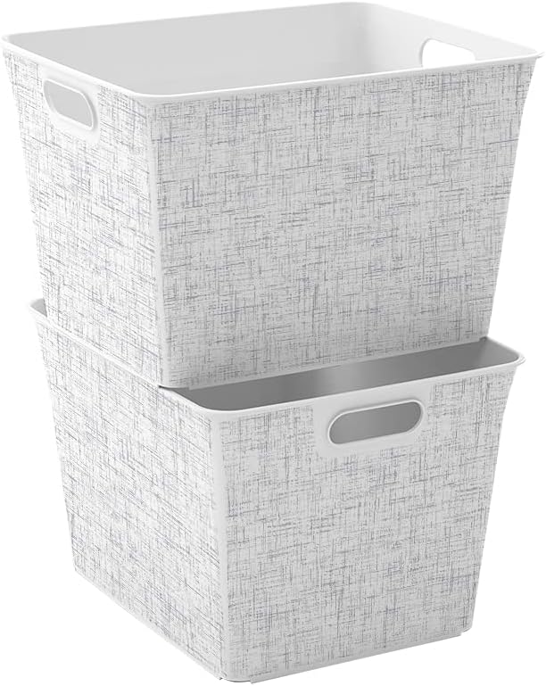 Curver Set of 4 Large V Baskets Decorative Plastic Organization and Storage Basket, White with Tweed Pattern - Image 3