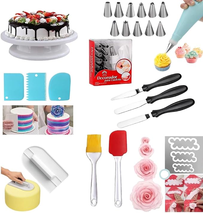 12 Piece Cake Decorating Nozzle Cake Making Set Combo - Versatile Baking and Cake Decoration Kit with 360-Degree Rotating Turntable, Icing Nozzles, Scraper Set, Silicone Spatulaa (Combo 12) by Unknown