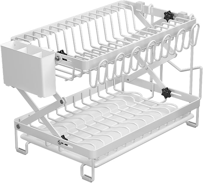 Good Grips Carbon Steel Fold Flat Dish Drying Rack, 2-Tier, with Drainboard, for Kitchen Counter, Collapsible (White) - Image 4
