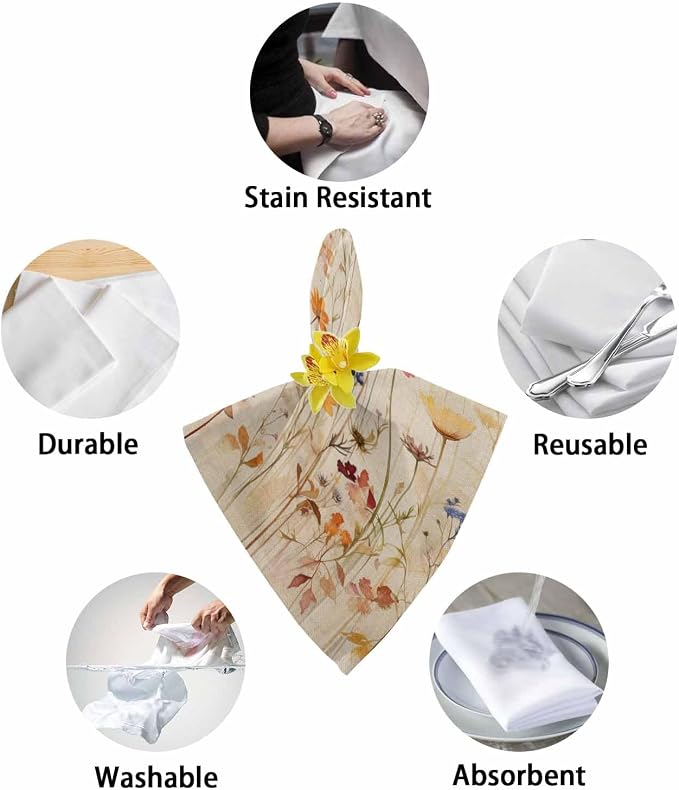 Botanical Wildflower Cloth Napkins Set of 8 - Washable Dinner Napkins Reusable Table Napkins for Home Party Weeding Dining Table Setting Decoration, Oversized 20"x20" Retro Colored Spring Floral Herb - Image 6