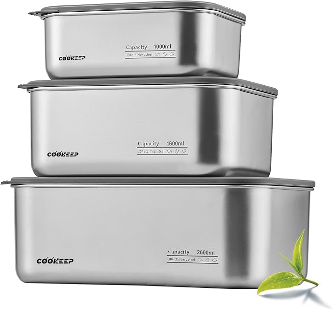 3Pcs Stainless Steel Food Containers,Stainless Steel Containers with Lids,Snack Containers,Lunch Box,Easy Clean,Airtight&Leakproof for Kitchen Storage,Dishwasher Safe,BPA-Free（34oz+54oz+88oz） by Unknown
