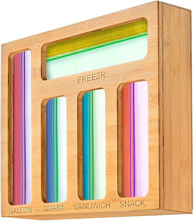 Food Storage Bag Organizer for Kitchen Drawer — Bamboo Plastic Bag Holder with 5 Slots for Gallon, Freezer, Quart, Sandwich and Snack Zip Top Bags, Drawer Organization (13.9 x 11.9 x 3.5 in) - Image 3