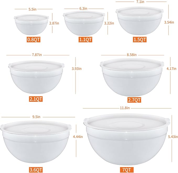 White Mixing Bowls With Airtight Lids,Stainless Steel Bowl,Salad Bowls 7 Piece Colorful Nesting Bowl White Kitchen Accessories,Size 7,3.6,2.7,2.1,1.5,1.1,0.8QT Stackable Design - Image 2