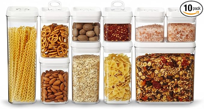 Felli Flip Tite Storage Container with 4 Inch Lid SQUARE & RECTANGLE, Air Tight Ring Seal Top Clear Acrylic Canister Jar, Spice Pasta Cereal Snack Pantry Organizer, Gift Set for Women (10pk, Variety) by Felli