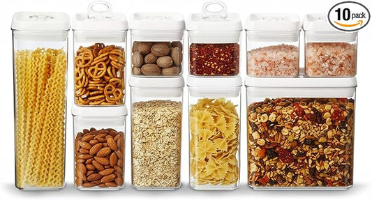 Felli Flip Tite Storage Container with 4 Inch Lid SQUARE & RECTANGLE, Air Tight Ring Seal Top Clear Acrylic Canister Jar, Spice Pasta Cereal Snack Pantry Organizer, Gift Set for Women (10pk, Variety) by Felli