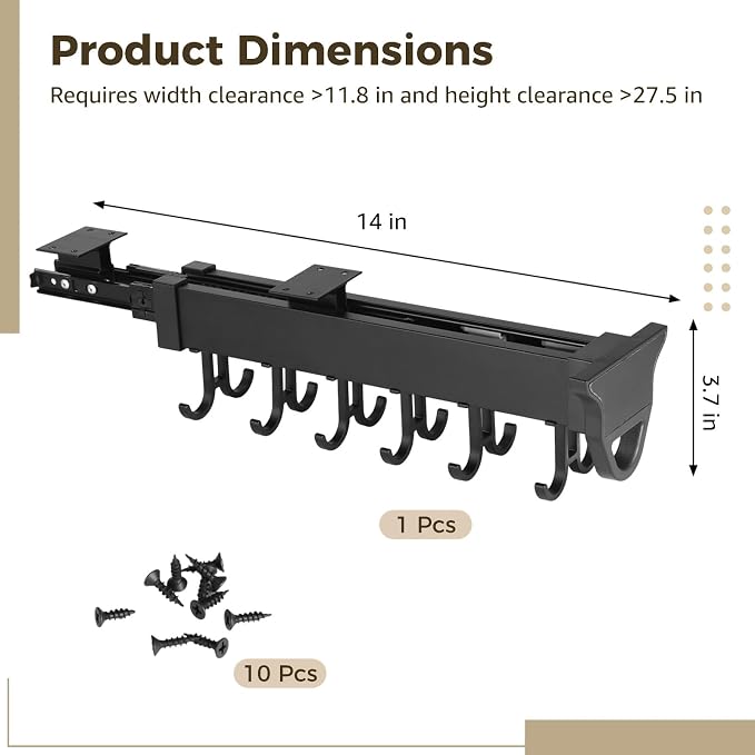 Homaisson Pull Out Hanging Pot Rack, 12-Hook Extendable Sliding Rail Organizer, Metal Pull Out Pan Rack for Under Cabinet, Adjustable Pot Pan Organizer, Multi-Use for Cupboard Closet - Image 4