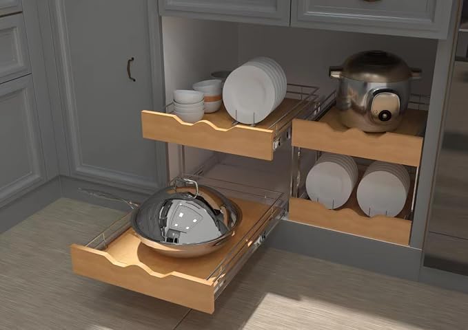 DINDON 2 Tier Pull Out Cabinet Organizer (17" W x 21" D) Slide Out Wood Shelf Double Tier Kitchen Wire Basket With Chrome Finish… - Image 7