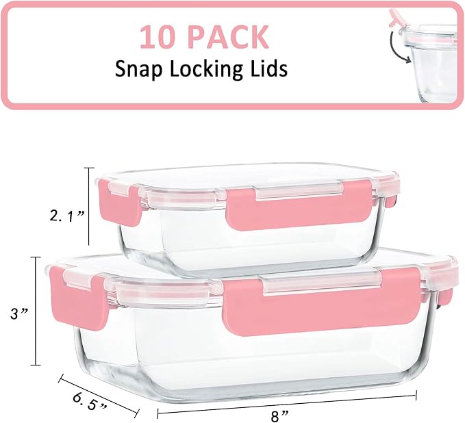 M MCIRCO 10 Pack Glass Food Storage Containers with Lids, Pink | Glass Meal Prep Containers,Airtight Lunch Containers with Lids, Microwave, Oven, Freezer and Dishwasher Friendly, BPA Free - Image 2