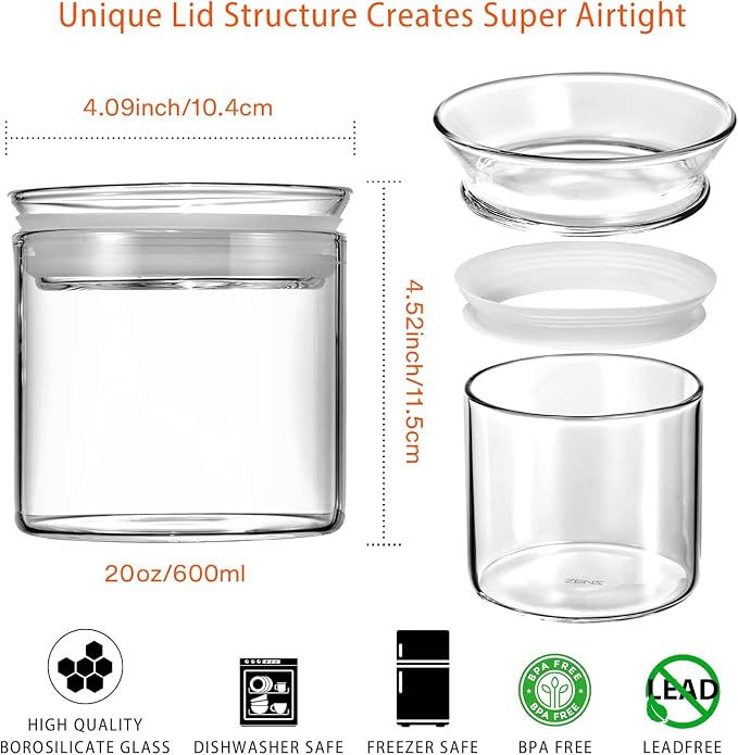 ZENS 17oz Glass Jars with Airtight Lid, Set of 4 Small Glass Storage Jars | Borosilicate Glass Canisters Set with Lids, Small Storge Containers for Kitchen Spice, Sugar, Blooming Tea, - Image 2