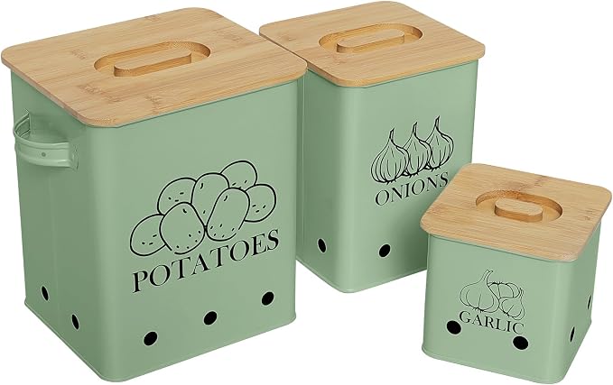 Kitchen Canisters Set, Storage Bin for Potato Onion & Garlic, 3 Pack Set Countertop Pots Containers with Wooden Lid - Potato Storage, Garlic Bin, Onion Keeper Tin with Aerating Holes-Green by Gdfjiy