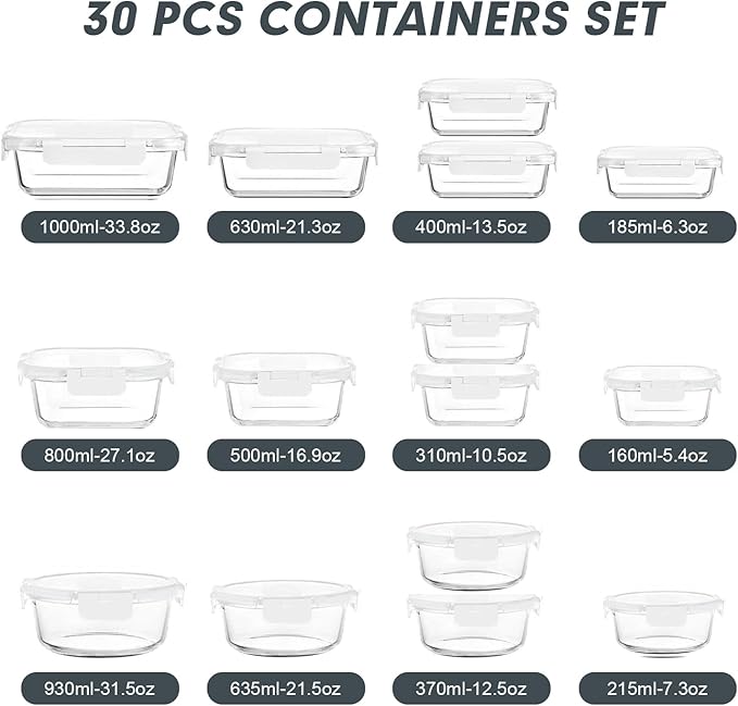 VERONES 30 Pieces Glass Food Storage Containers Set with Lids, White | Stackable Glass Meal Prep Containers Set with Lids, Airtight Lunch Containers, for Microwave, Oven, Freezer & Dishwasher - Image 2