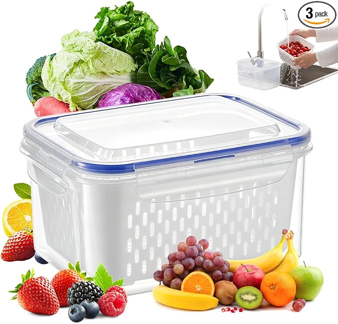 Fruit Storage Containers with Removable Colander (Blue 3PCS, Large) | Leakproof Produce Containers for Fridge, Produce Storage Containers, Fridge Organizers and Storage for Fruit, Vegetables by Unknown