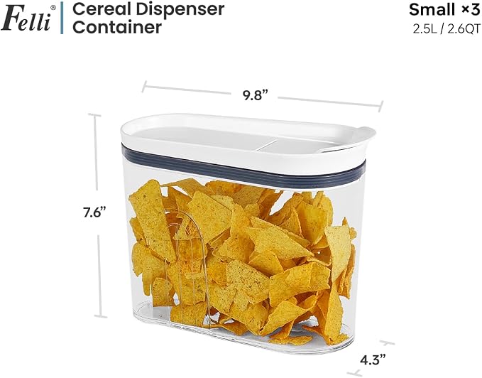 Felli Airtight Cereal Containers 2.6 Qt, Stackable BPA-Free Acrylic Cereal Dispenser with Flip-Top Lid, Small Dry Food Storage for Oats, Granola, Rice (Small 2.6 Qt - 3pk) - Image 3