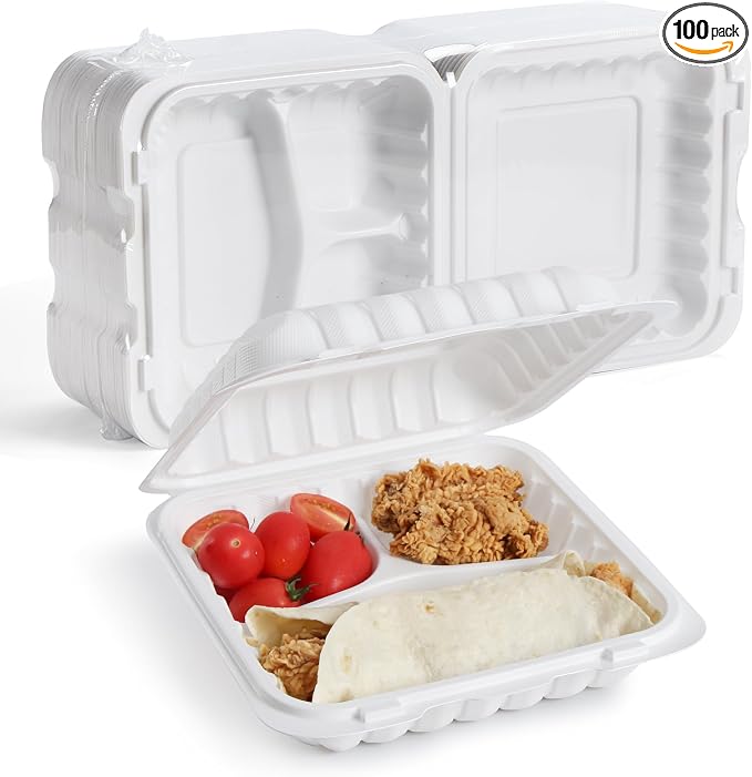 YANGRUI 100-Pack 40oz 9" 3-Compartment To Go Box Shrink Wrapped No Pre-Wash | Heavy Duty Mineral PP, Microwave Safe | Reusable Clamshell for Meal Prep, Takeout, Family Gatherings & Bulk Leftovers by YANGRUI