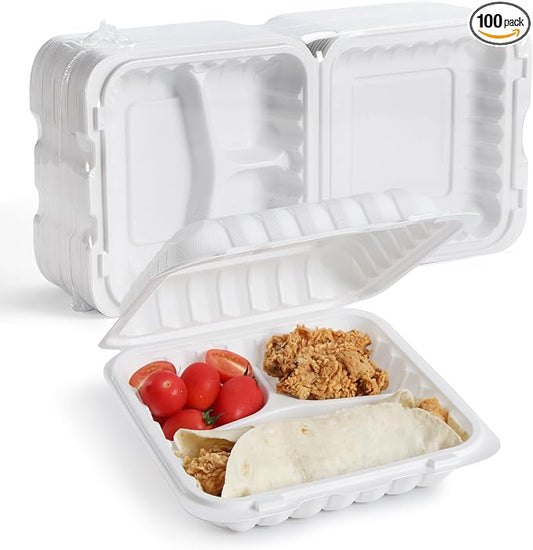 YANGRUI 100-Pack 40oz 9" 3-Compartment To Go Box Shrink Wrapped No Pre-Wash | Heavy Duty Mineral PP, Microwave Safe | Reusable Clamshell for Meal Prep, Takeout, Family Gatherings & Bulk Leftovers by YANGRUI