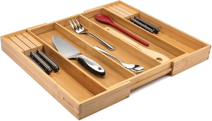 Purawood Kitchen Drawer Organizer with Knife Blocks - Utensil Drawer Organizer for Kitchen, Cutlery Tray & Silverware Organizer, 3-5 Slots - Bamboo Organizer for Utensils & Flatware (Natural) - Image 5