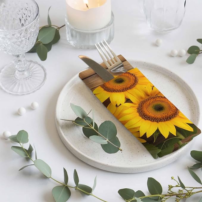 Pastoral Cloth Napkins Set of 2 Sunflowers Wood Grain Texture Rustic Vintage Soft Washable Square Dinner Napkins for Party Wedding Restaurant Hotel Cocktail 20x20 Inch - Image 8