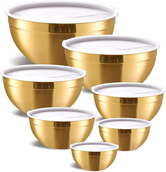 Gold Mixing Bowls with Airtight Lids, Stainless Steel Nesting Mixing Bowls Set of 7, Ideal for Baking, Prepping and Serving Food, Size 7, 3.6, 2.7, 2.1, 1.5, 1.1,0.8 QT, Stackable Design by Moxinox