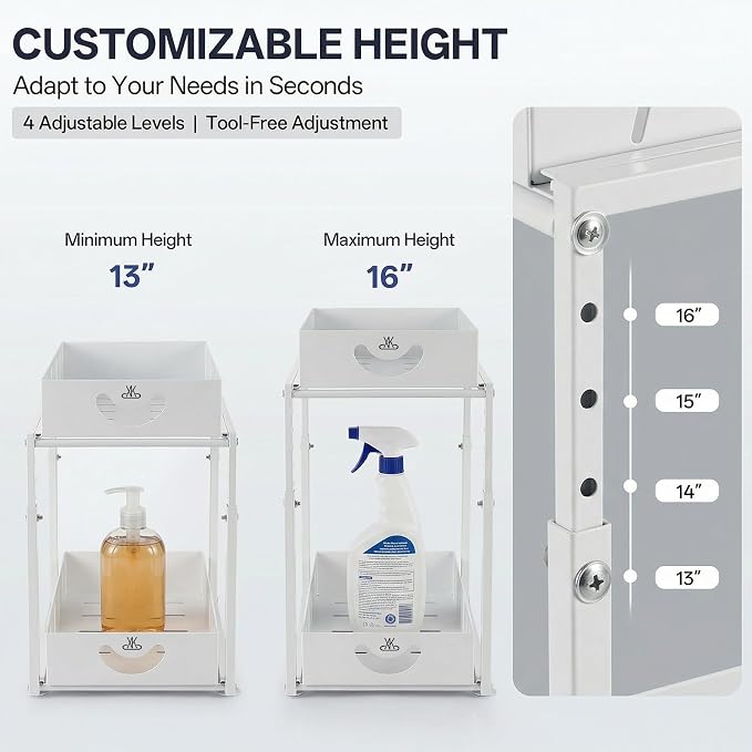 Adjustable Under Sink Organizer, 2 Tier Under Sink Organizers and Storage,Slide Out Metal Cabinet Organizers, Pull Out Cabinet Storage Drawer Shelf for Kitchen Bathroom (1, white) - Image 3