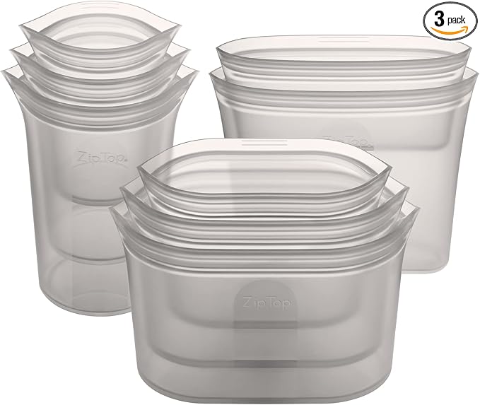 Zip Top Reusable Food Storage Containers Full Set of 8 Gray – Platinum Silicone Cups, Dishes & Bags – Microwave, Dishwasher & Freezer Safe – Made in USA, BPA-Free by ZipTop