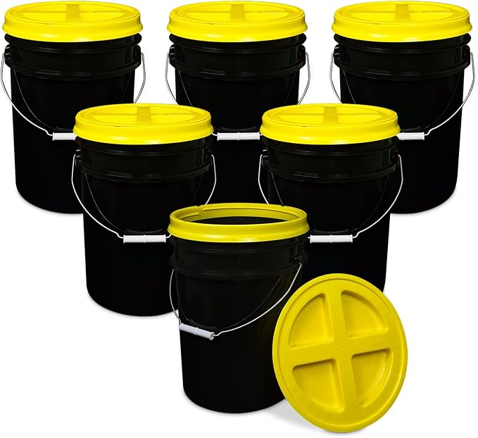 5 Gallon Bucket - Food Grade w/Lid BPA-Free, Black/Yellow, 6 | Airtight Gamma Seal Screw-On Lid, Heavy-Duty 90 Mil HDPE Plastic, Food Safe and Durable Container, Bulk Storage, Made in USA by ePackageSupply