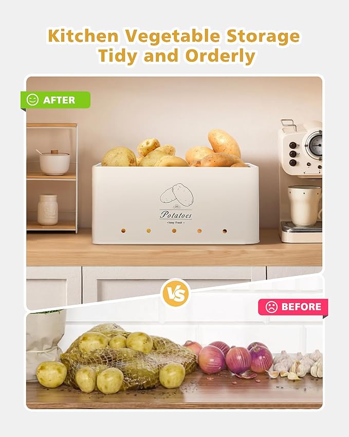 Kitchen Vegetable Storage Tins Set of 3 for Potatoes, Onion, Garlic, Vegetable Storage Containers with Ventilation and Bamboo cover, White metal material, Potato and Onion bin for Pantry - Image 5